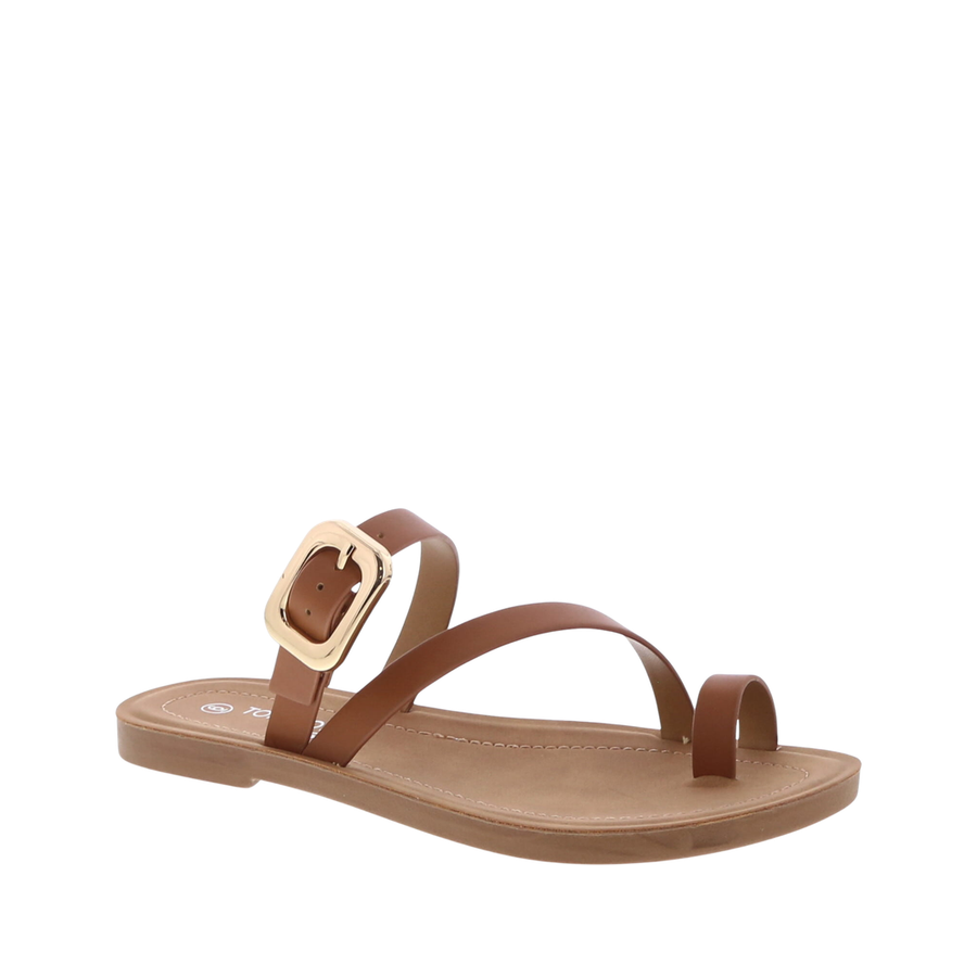 Rectangle Buckle Slim Strap Sandal (TAN)