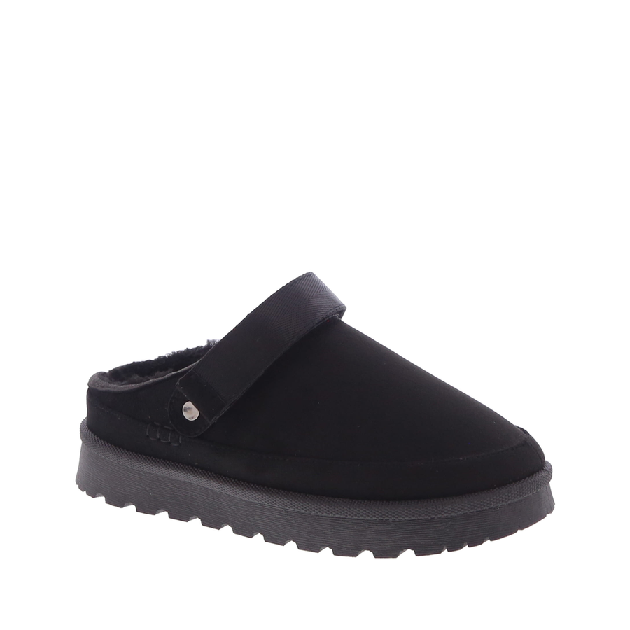 Faux Fur Lined Clog Slipper w/Strap (BLACK)