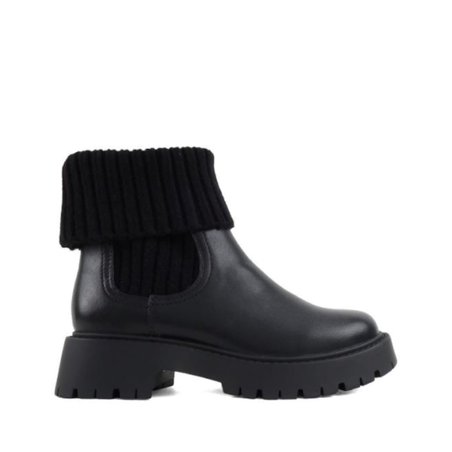 Knit Cuff Lug Sole Ankle Boot (BLACK)