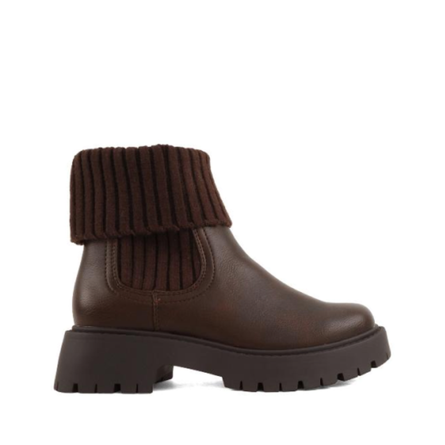 Knit Cuff Lug Sole Ankle Boot (CHOCOLATE)