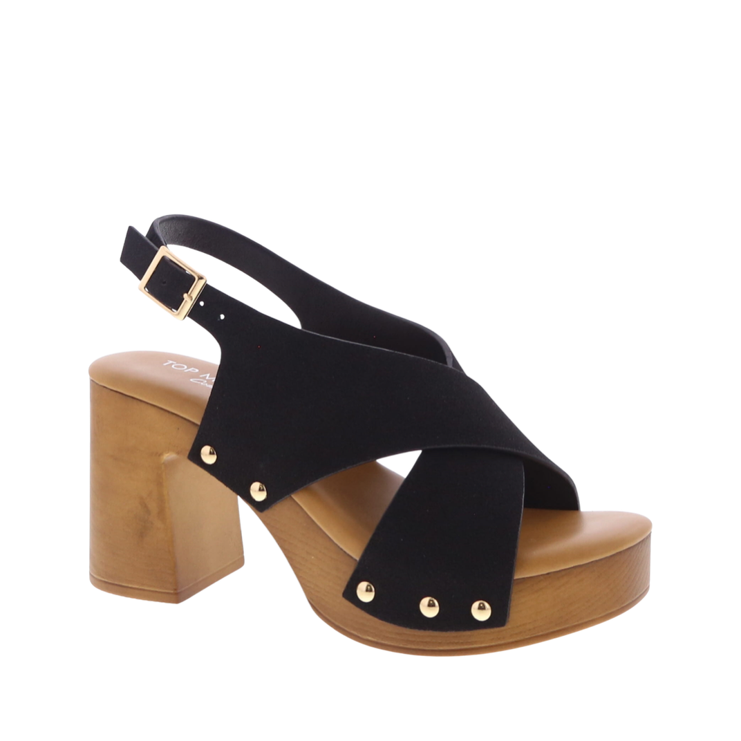 Cross Strap Slingback Wooden Heel Sandal (BLACK)