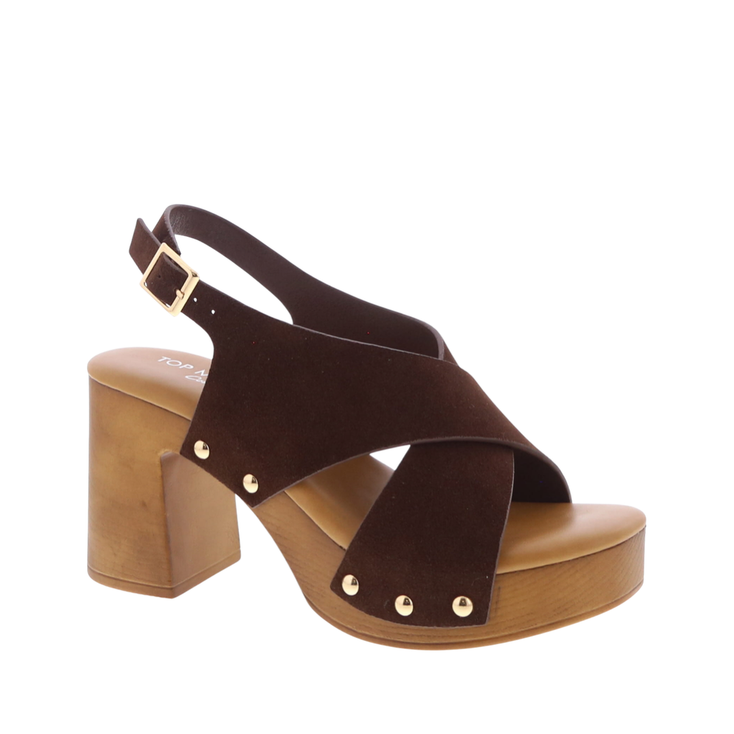 Cross Strap Slingback Wooden Heel Sandal (BROWN)