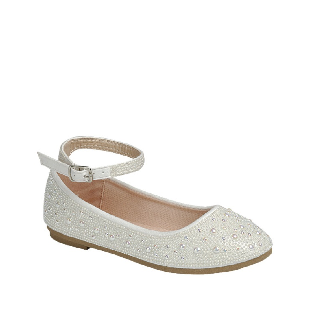 Rhinestone Ankle Strap Kids Dress Flat (IVORY)