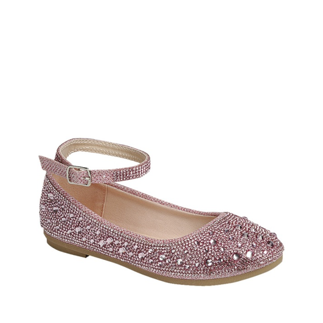 Rhinestone Ankle Strap Kids Dress Flat (PINK)