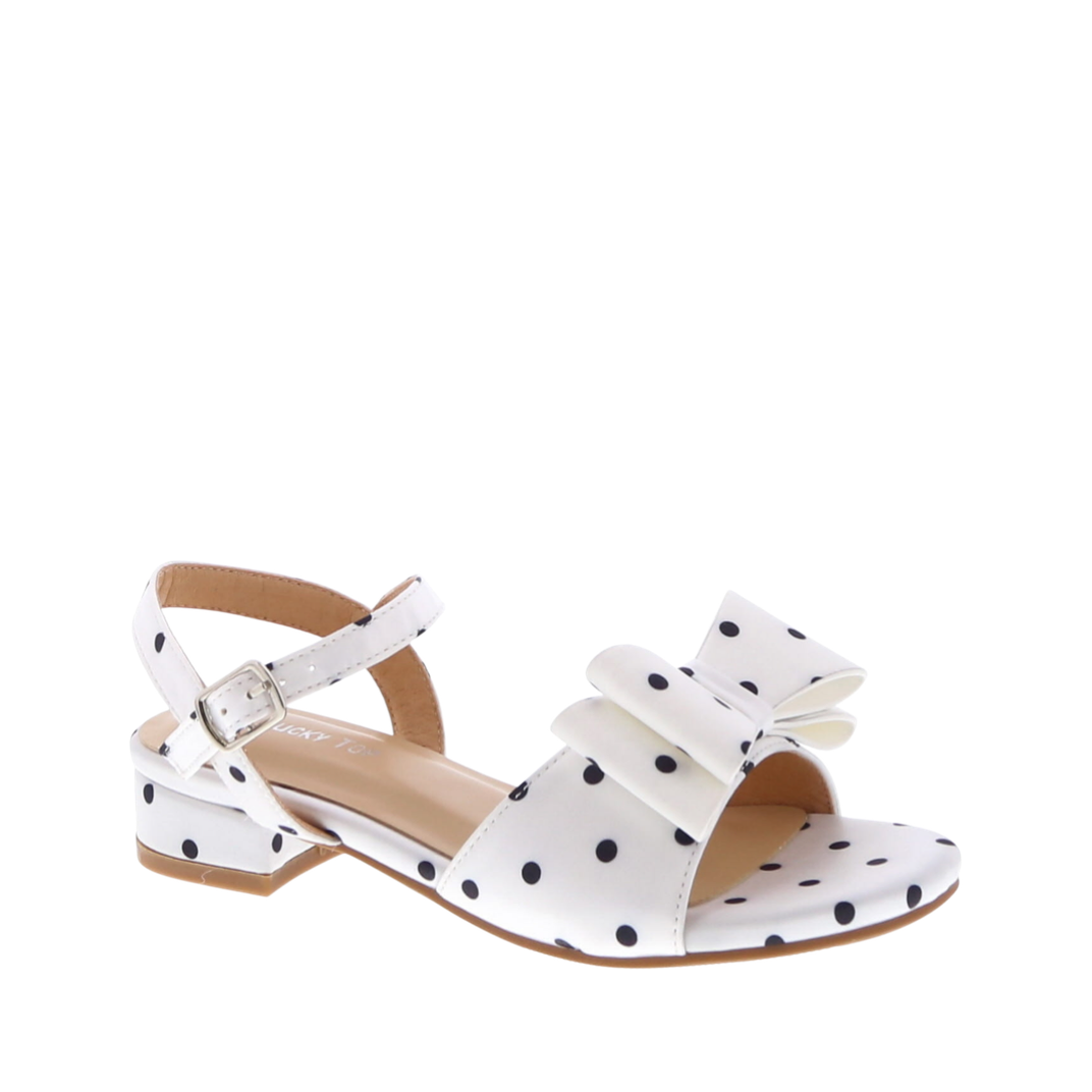 Polka Dot Bow Kids Block Heel Dress Sandal (WHITE SATIN)