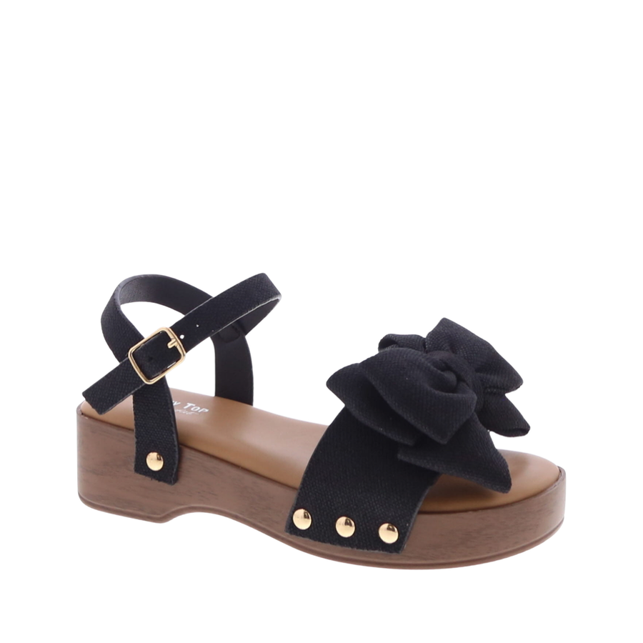 Bow Wooden Block Heel Kids Dress Shoe (BLACK)
