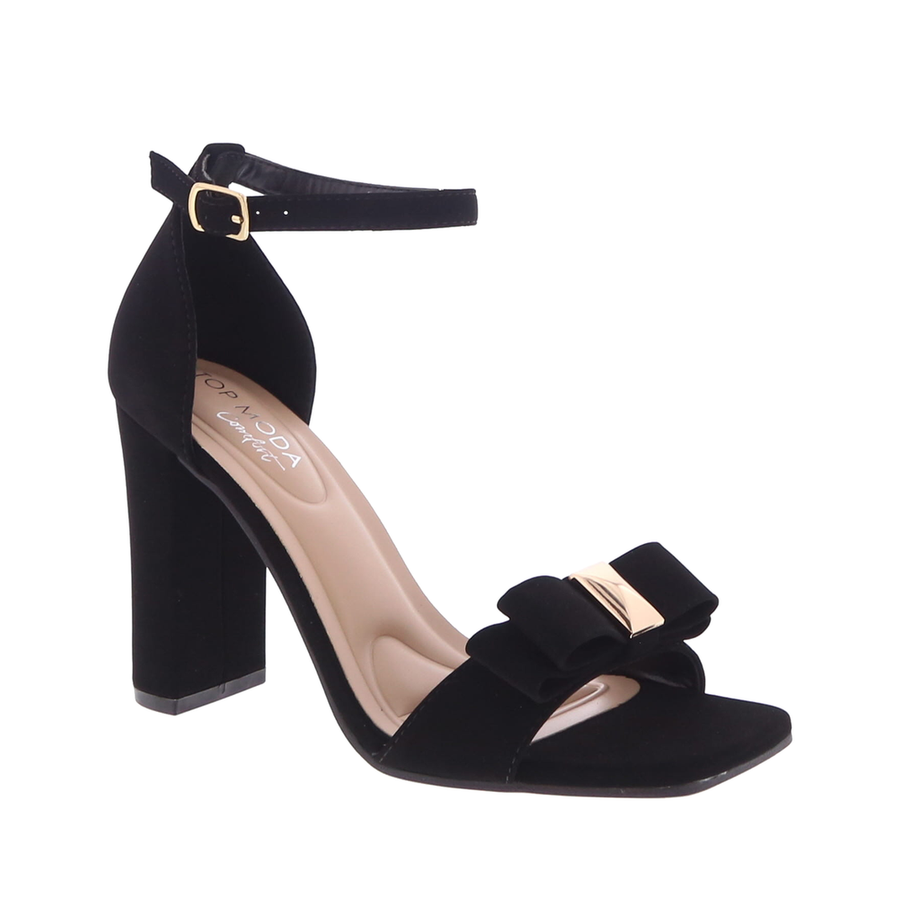 Bow Ankle-Strap Block-Heel Sandal (BLACK)