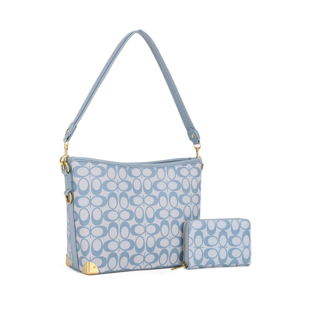 2Pocket "C" Pattern Shoulder Bag w/ Wallet Set (BLUE/BLUE)