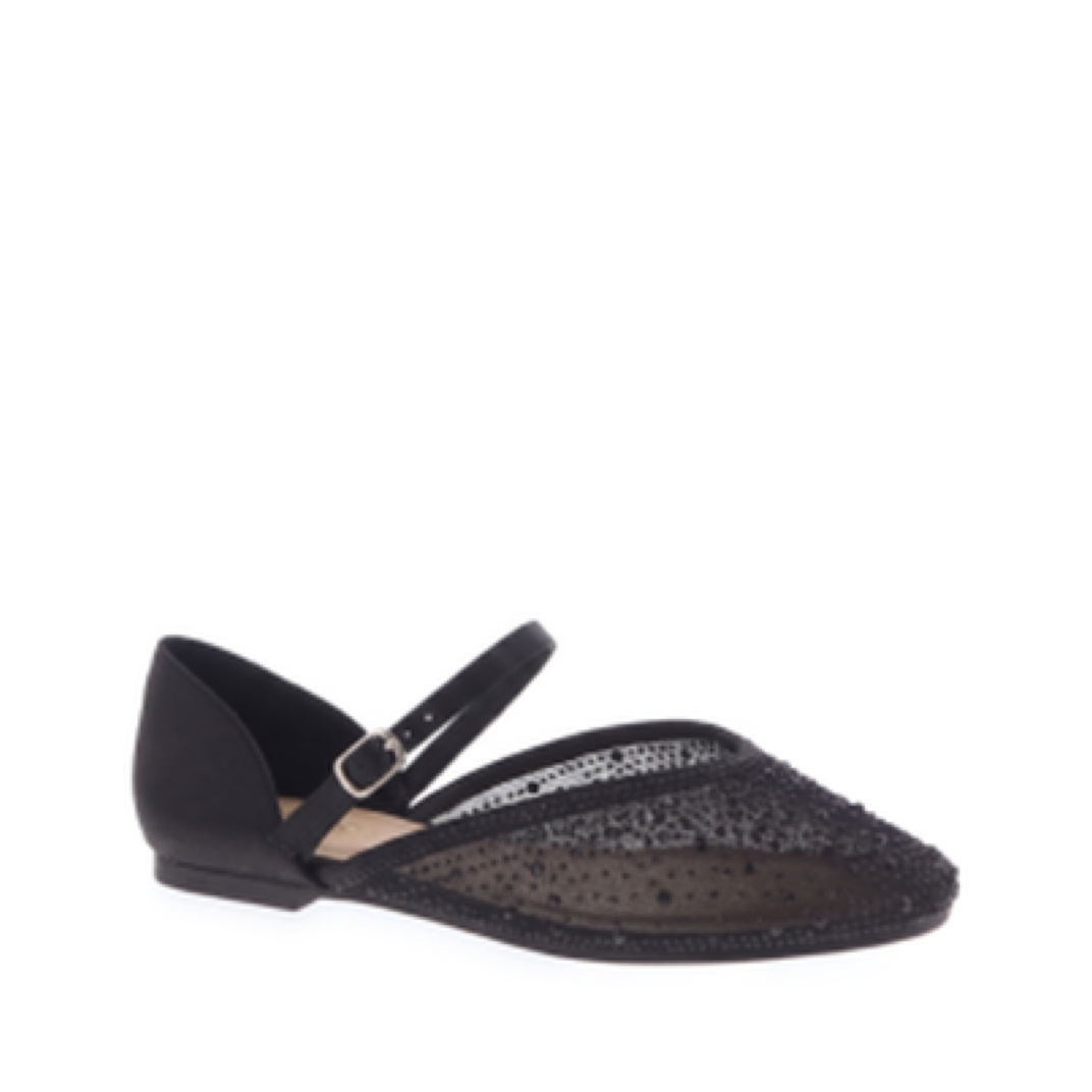 Slim Strap Rhinestone Mesh Dress Flat (BLACK GLITTER)