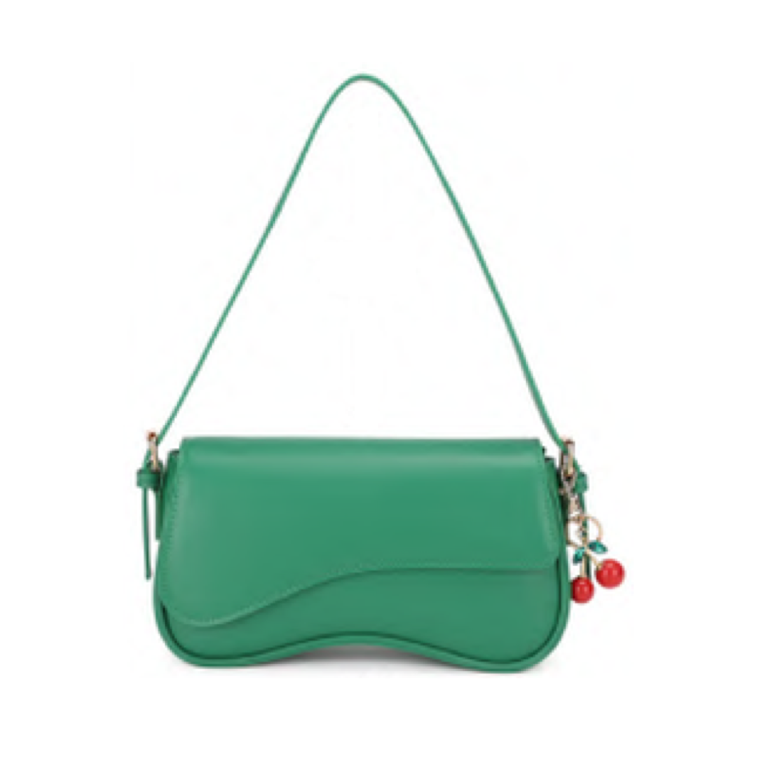 Wavy Flap Shoulder Bag w/Cherry Charm (GREEN)