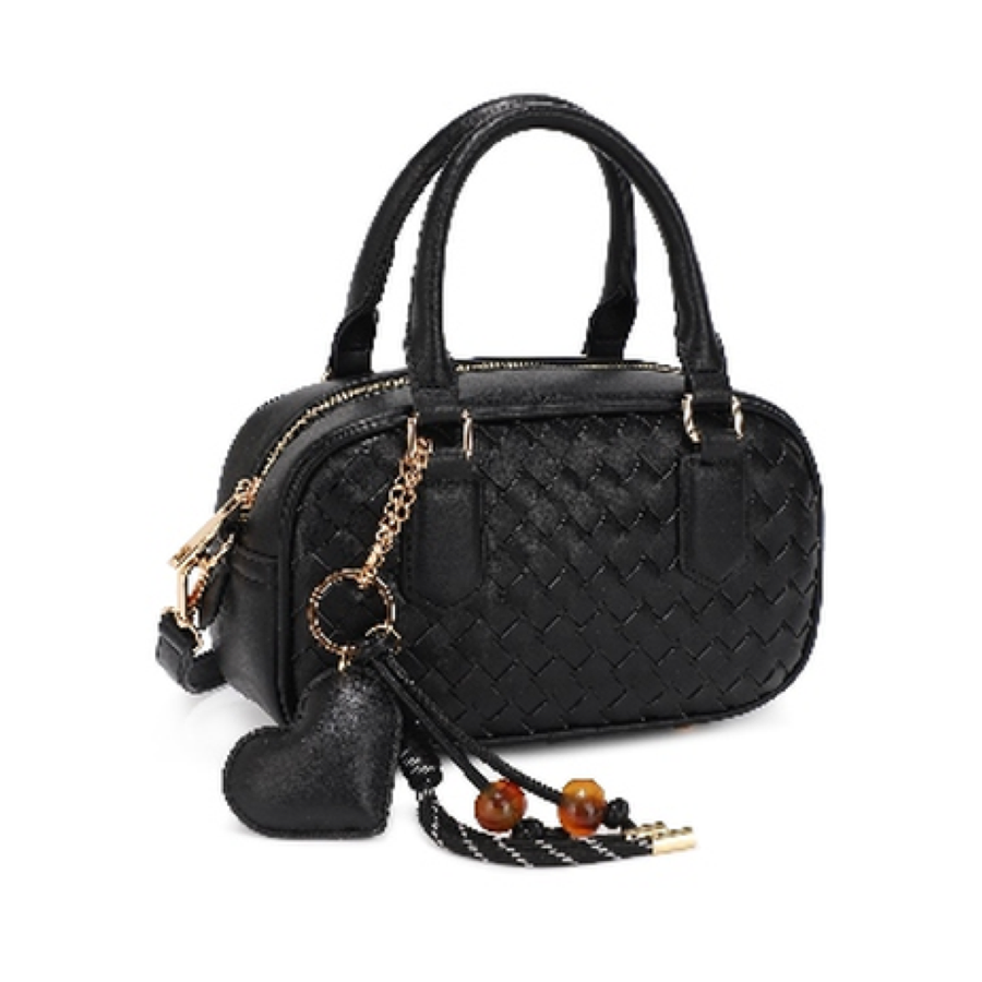 Oval Woven Texture Mini Crossbody Bag (BLACK)