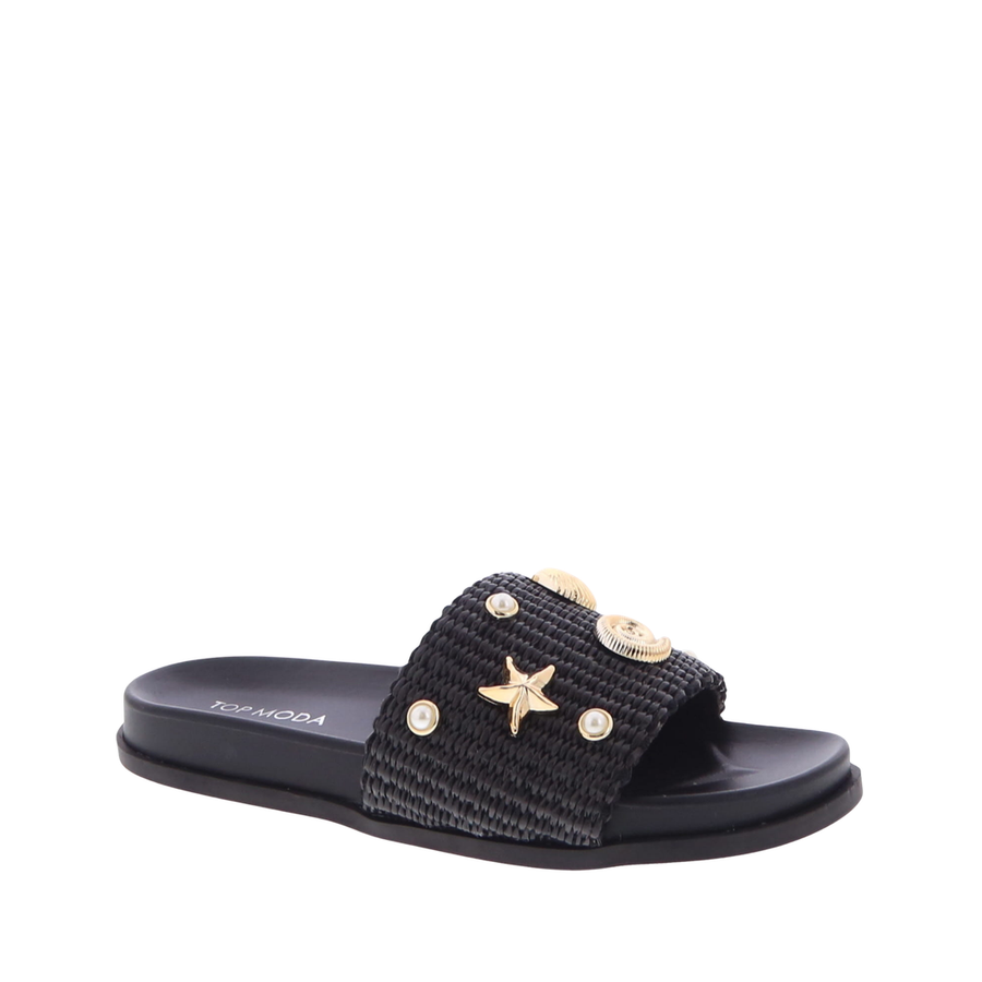 Woven Raffia Sea Shell Accent Slide (BLACK RAFFIA)