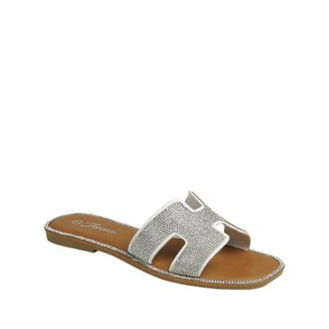 Rhinestone Lined H-Strap Sandal (WHITE)