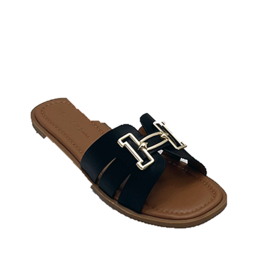 H-buckle Cut Out Slip-On Sandal (BLACK)