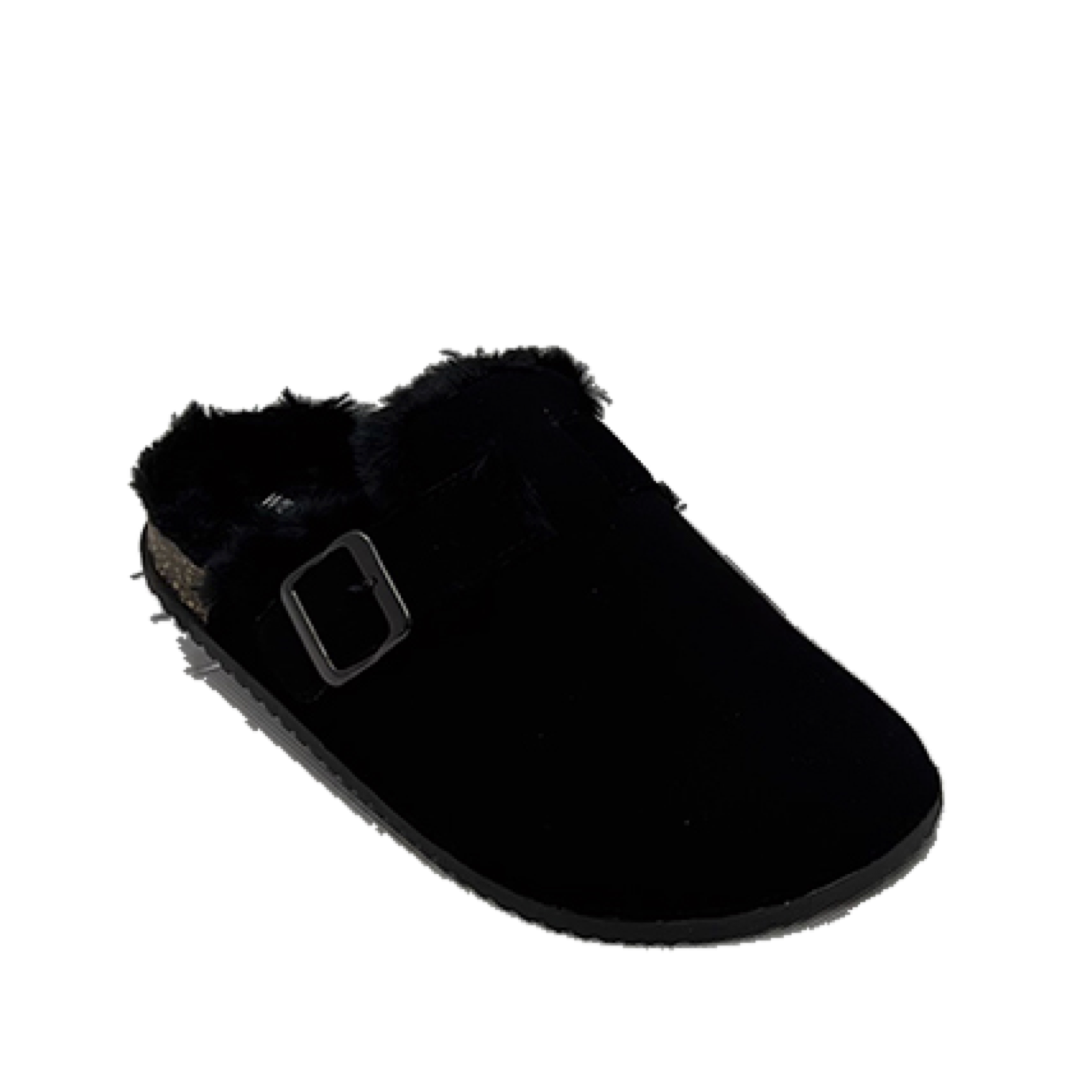 Side Buckle Fur Lined Clog Flat (BLACK)
