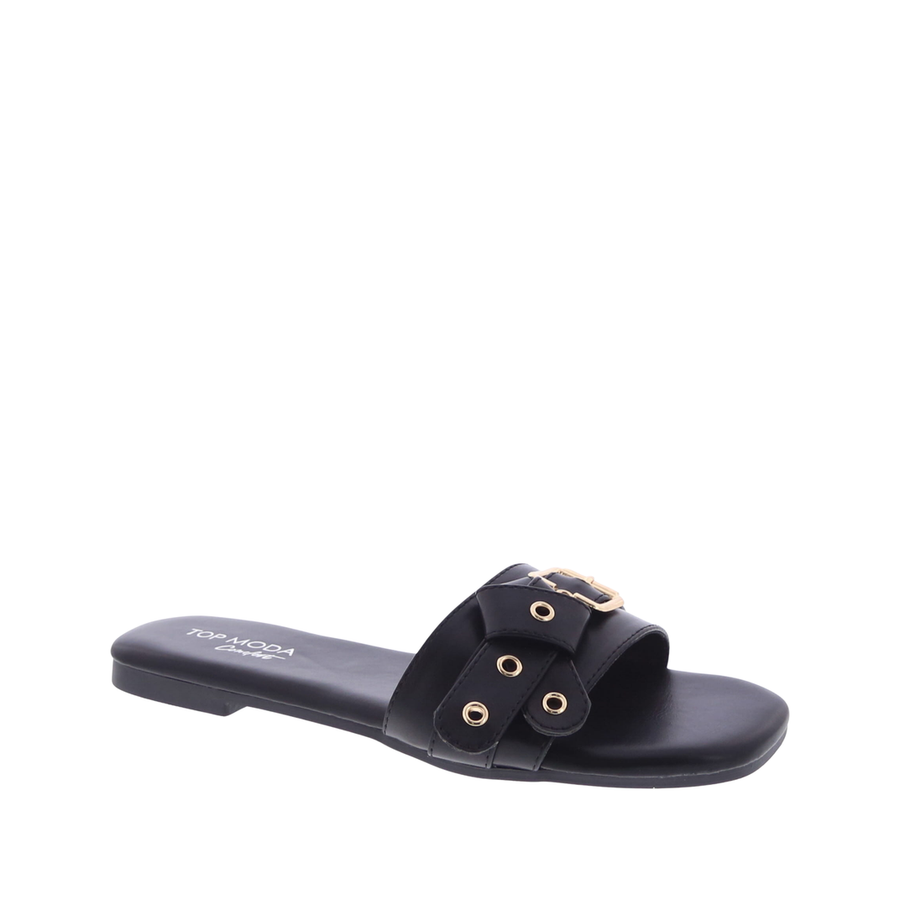Eyelet Buckle Strap Slip-On Sandal (BLACK)