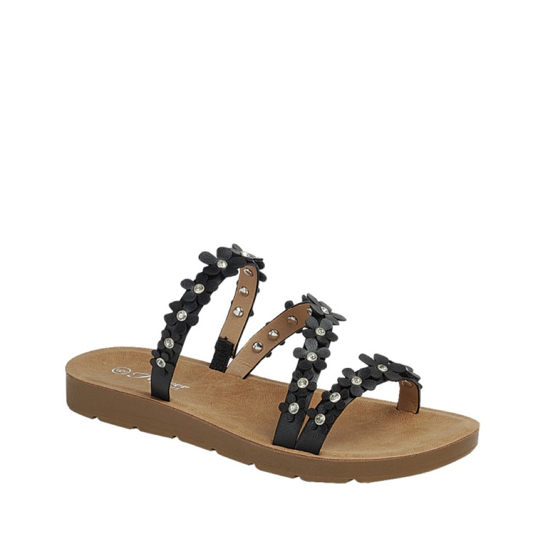3-Strap Flower Slip-On Sandal (BLACK)