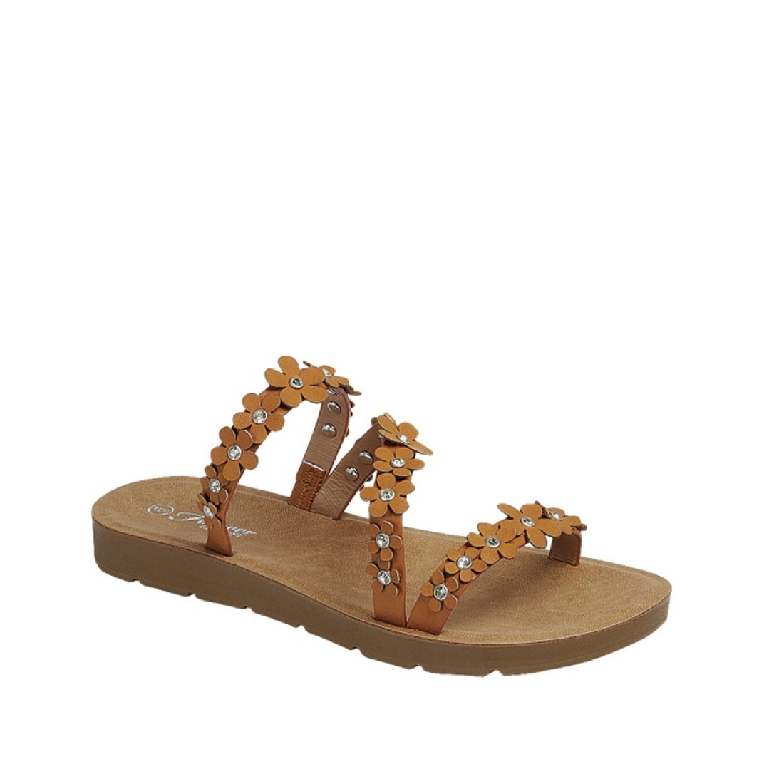 3-Strap Flower Slip-On Sandal (TAN)