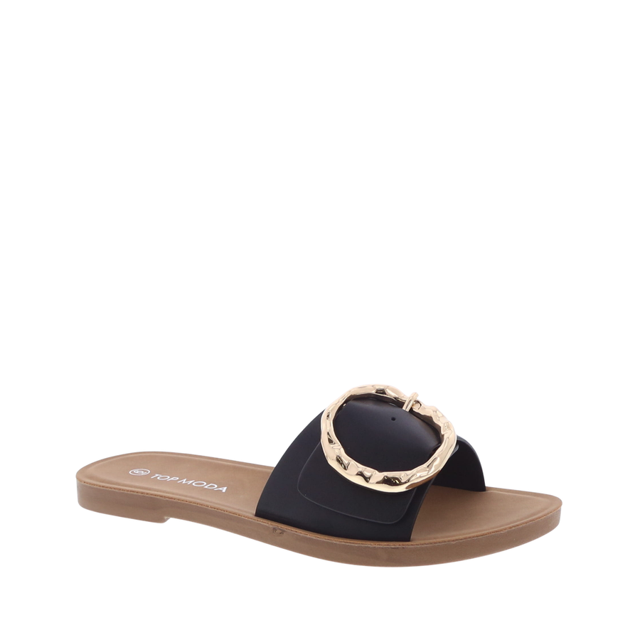 Large Textured Buckle Slip-On Sandal (BLACK)