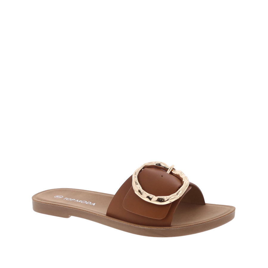 Large Textured Buckle Slip-On Sandal (TAN)