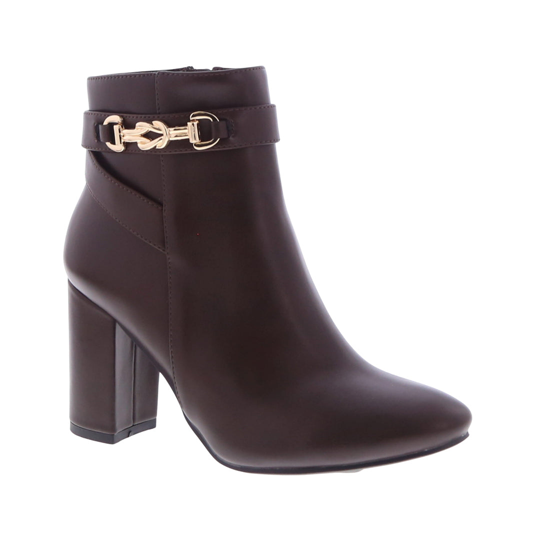 Knotted Buckle Ankle Heel Bootie (BROWN)