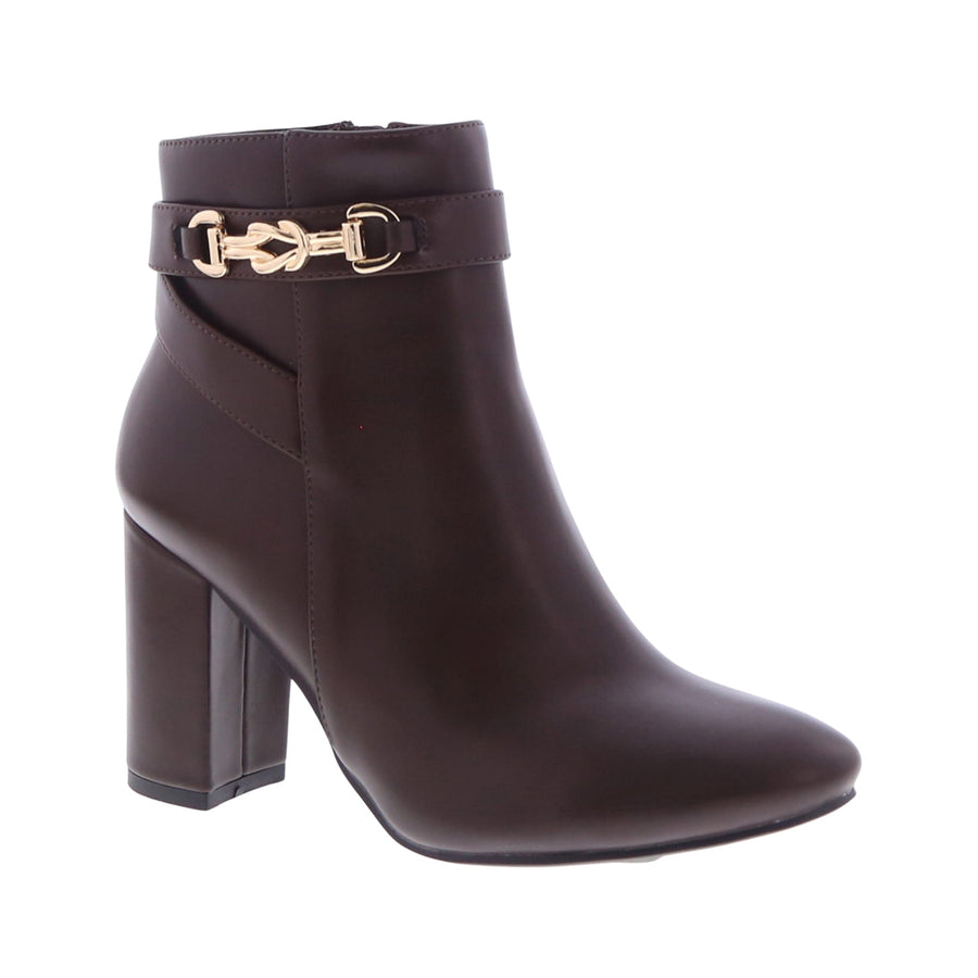 Knotted Buckle Ankle Heel Bootie (BROWN)