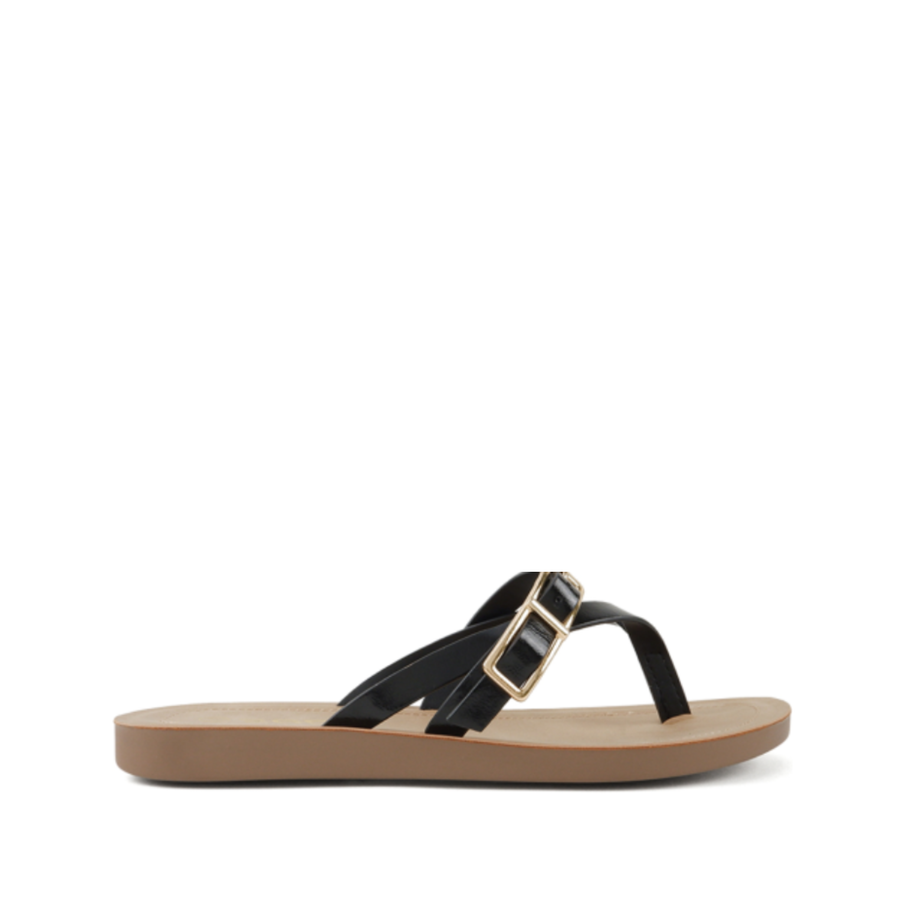 Slim Textured Strap Buckled Flip-Flop Sandal (BLACK