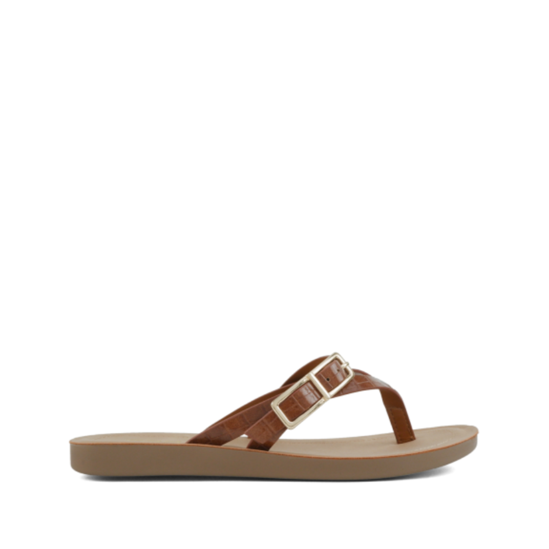 Slim Textured Strap Buckled Flip-Flop Sandal (TAN)