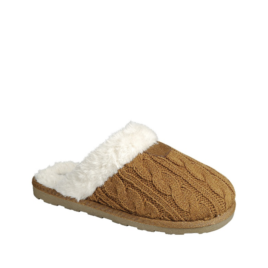 Cable Knit Faux Fur Lined Slipper (TAN)