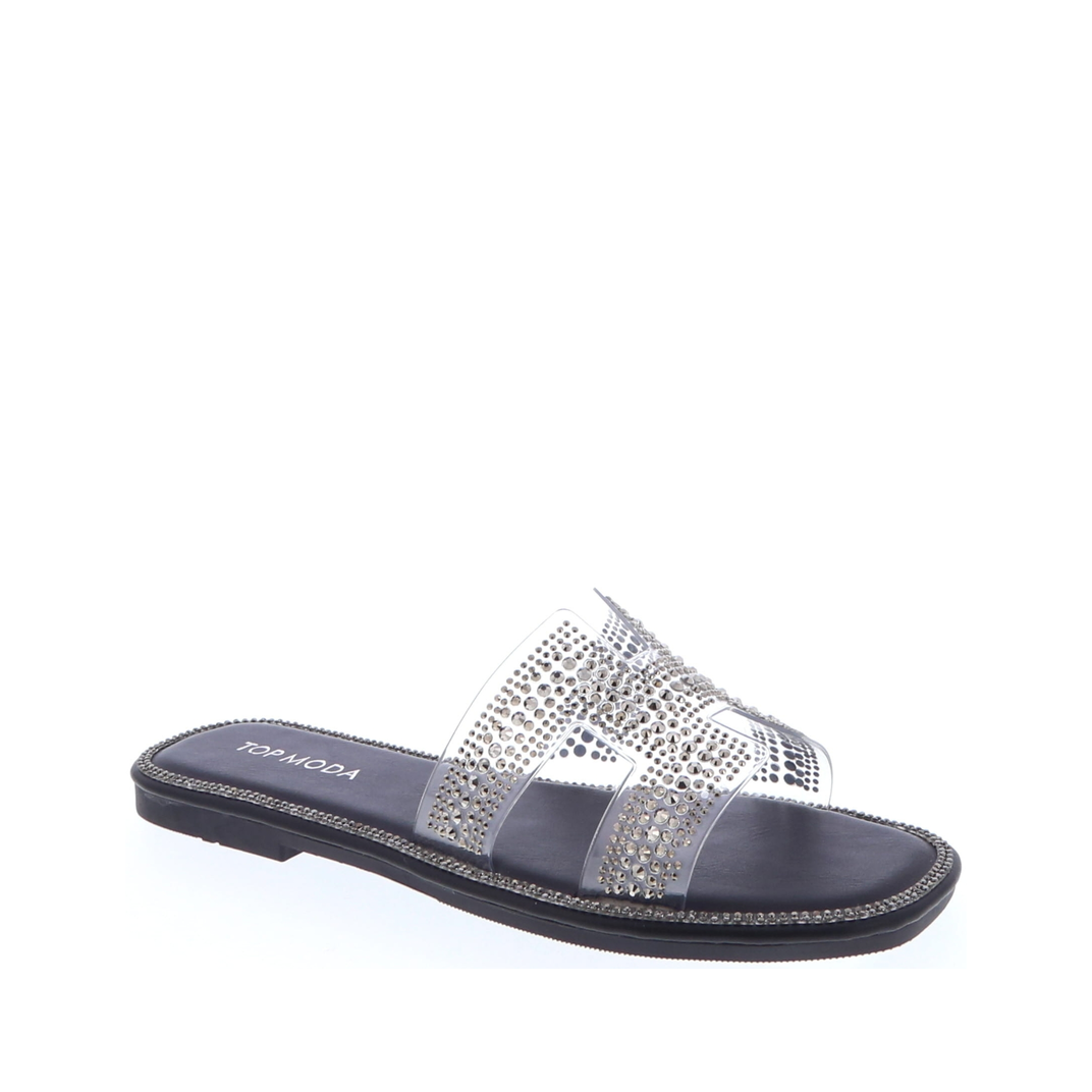 Rhinestone Clear Cut Out Slip On Sandal (PEWTER)