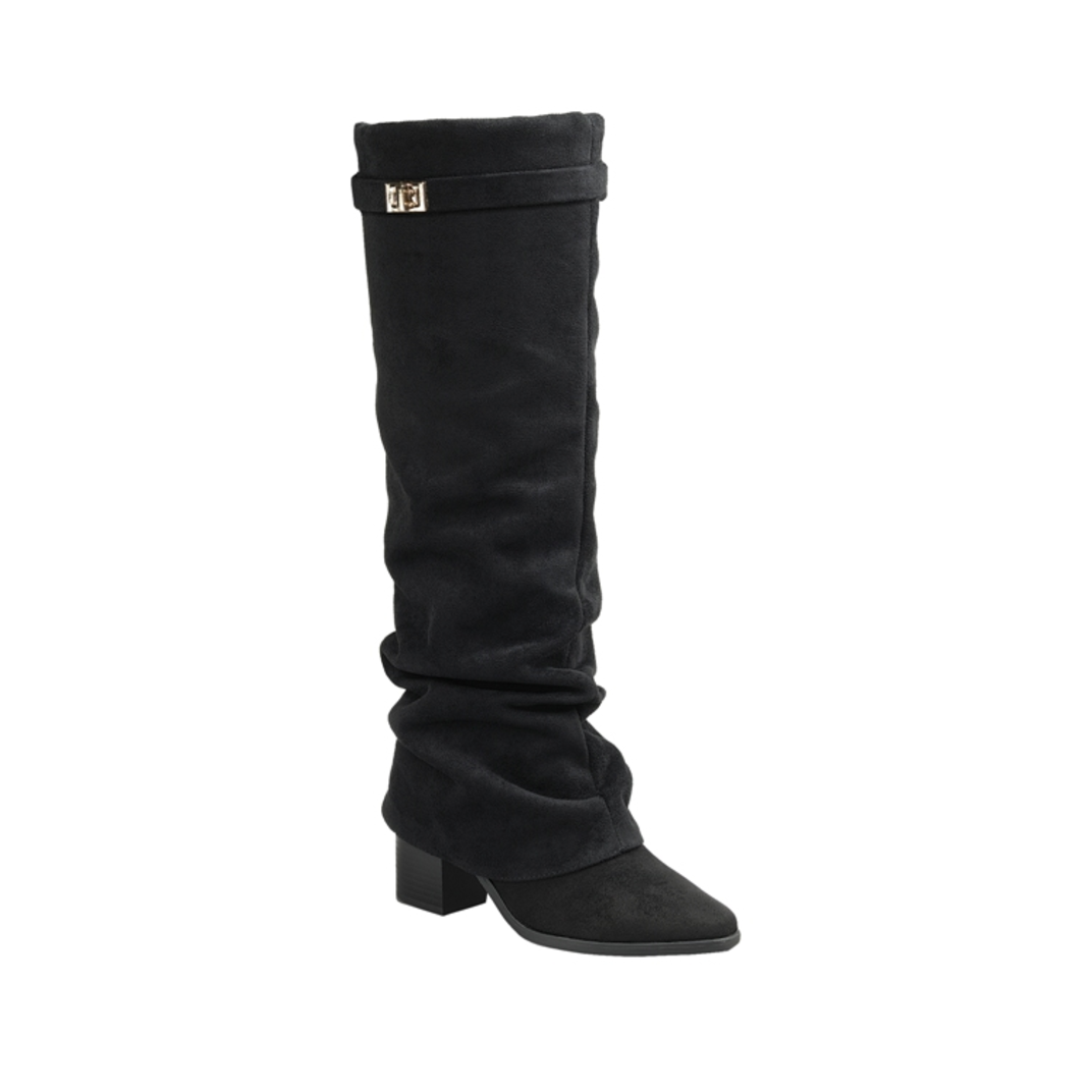 Turn Lock Suede Fold Over Dress Boot (BLACK)