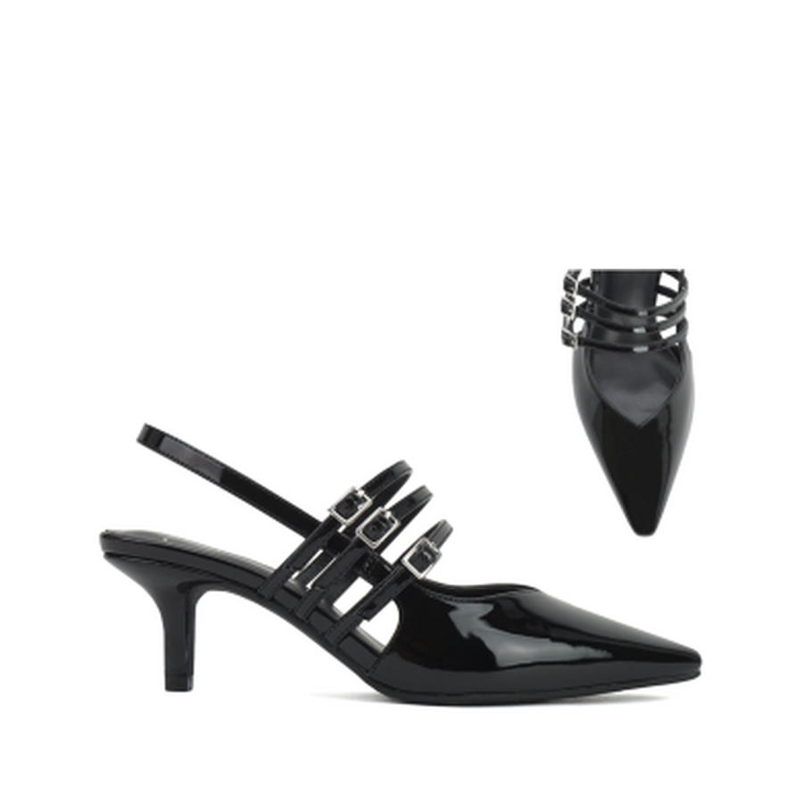 Mini Buckle Accent Slingback Kitten Heel (BLACK)