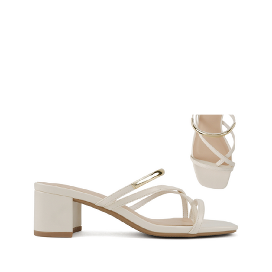 Crossed Toe Strap Mid Block Heel Sandal (CREAM)