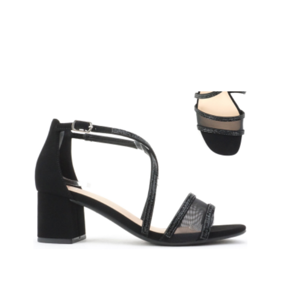 Glam Mesh Strap Block Heel Dress Shoe (BLACK)