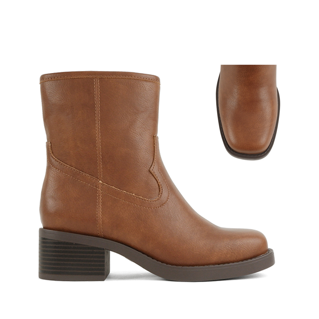 Square Toe Block Heel Bootie (COGNAC)