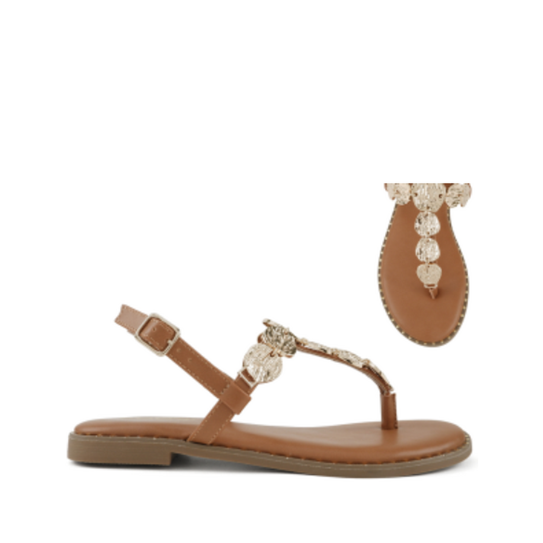 Gold Medallion T-Strap Sandal (TAN)