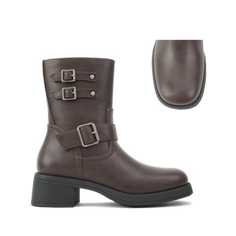 3Buckle Moto Ankle Bootie (BROWN)