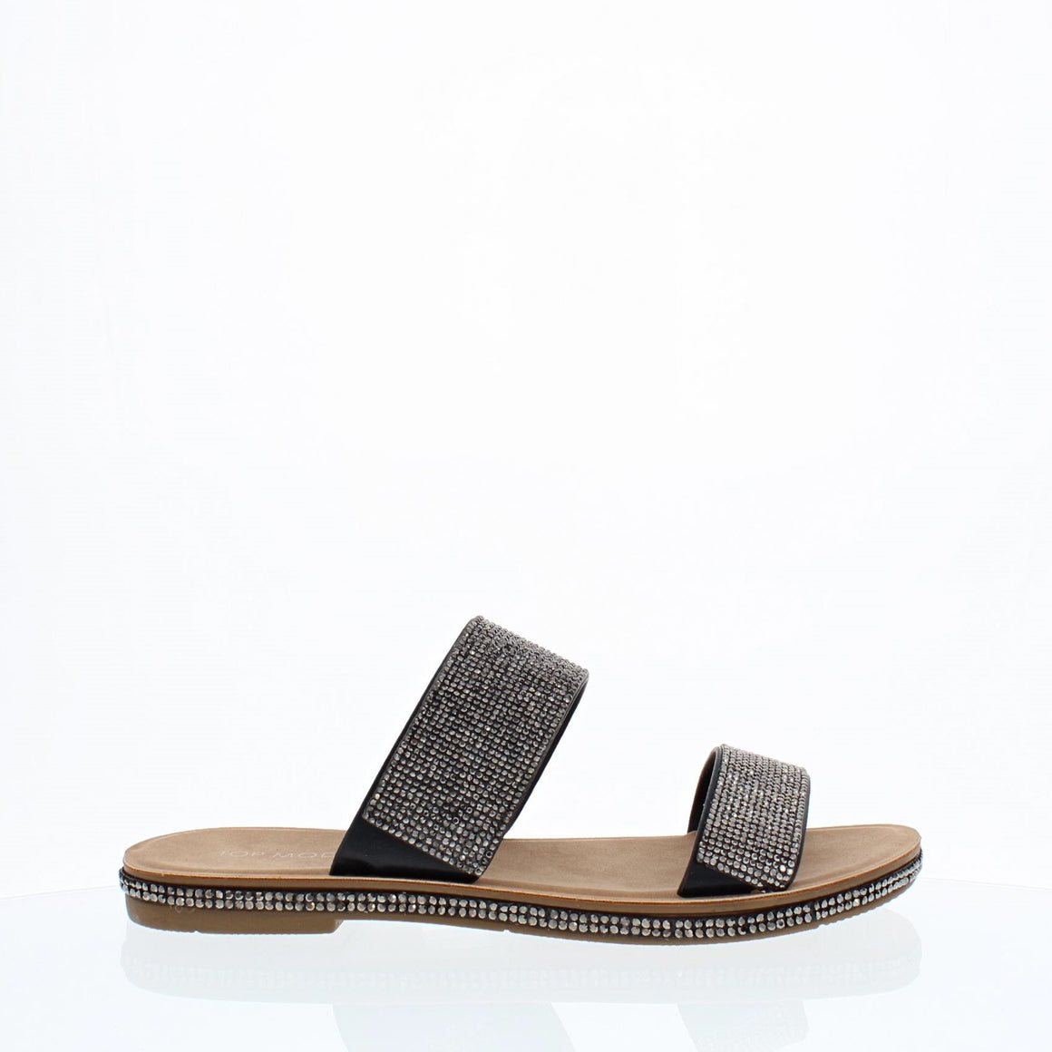 2Strap Rhinestone Slip On Sandal (BLACK)
