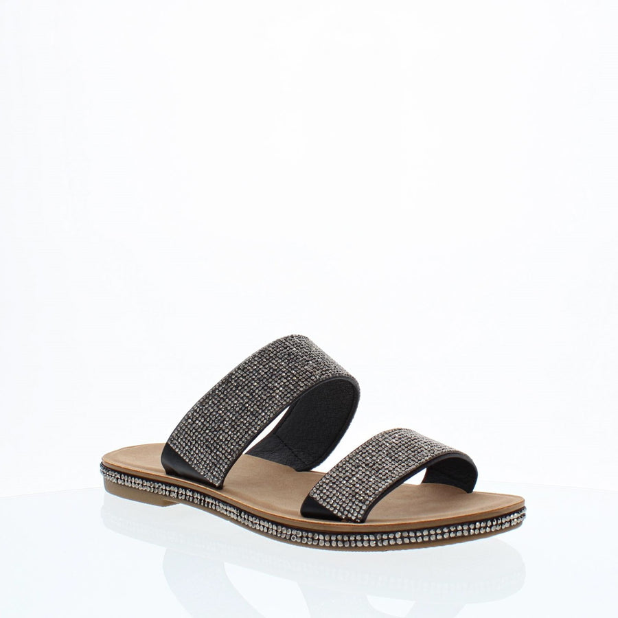 2Strap Rhinestone Slip On Sandal (BLACK)