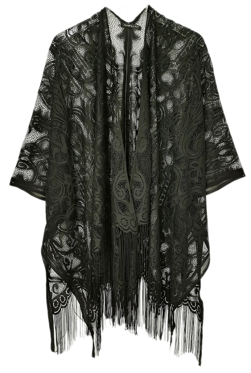 Floral Lace Kimono w/ Fringe (BLACK)
