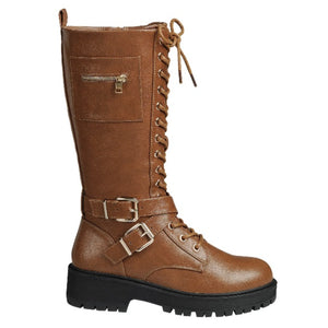 Cross Buckled Lace Up Mid Boot (TAN)