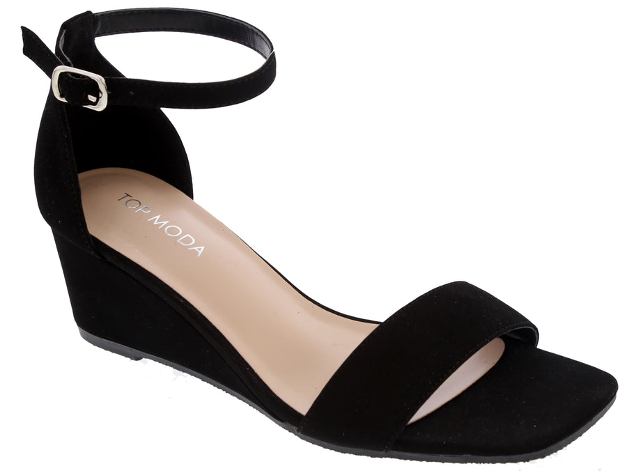 Ankle Strap Low Wedge Sandal (BLACK)