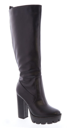 Zipper Accent Lug Heel Knee High Boot (BLACK)