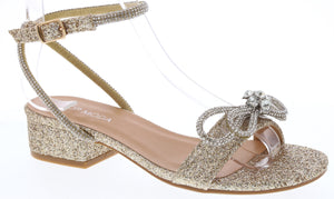 Rhinestone Bow Low Heel Dress Sandal (GOLD GLITTER)